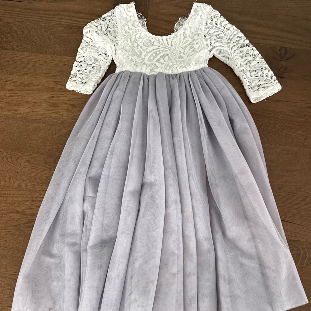 Elegant Lace and Tulle Kids Dress - White and Gray